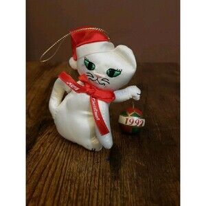 Fancy Feast 1992 Cat Christmas Ornament White Satin Cat Wood Ball Russ Berrie